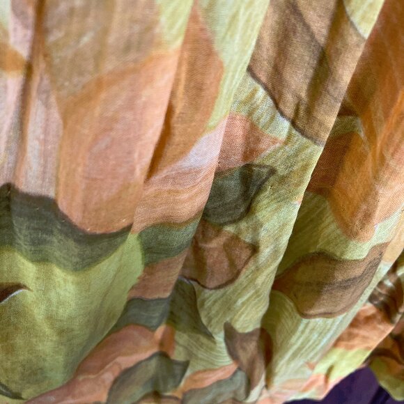 1950s short sleeve belted waist hidden button front orange brown pattern dress - Picture 5 of 16